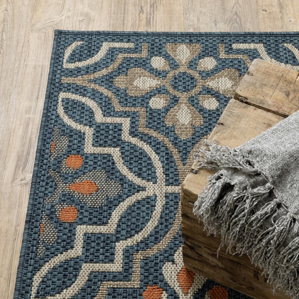 7' X 9' Blue and Orange Moroccan Indoor Outdoor Area Rug