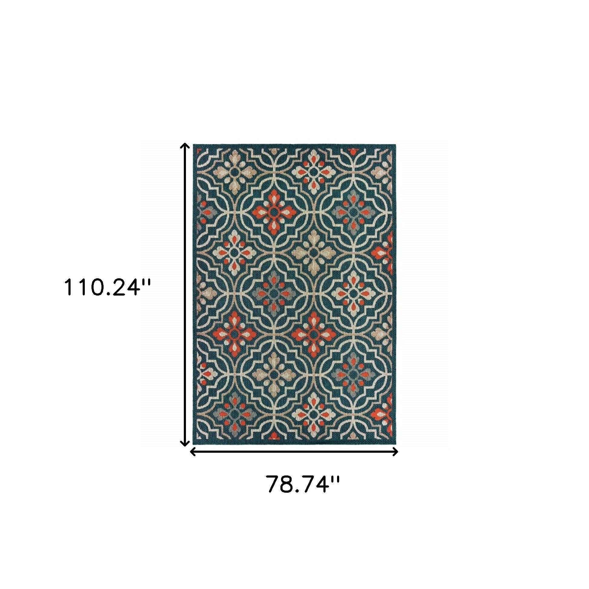 7' X 9' Blue and Orange Moroccan Indoor Outdoor Area Rug