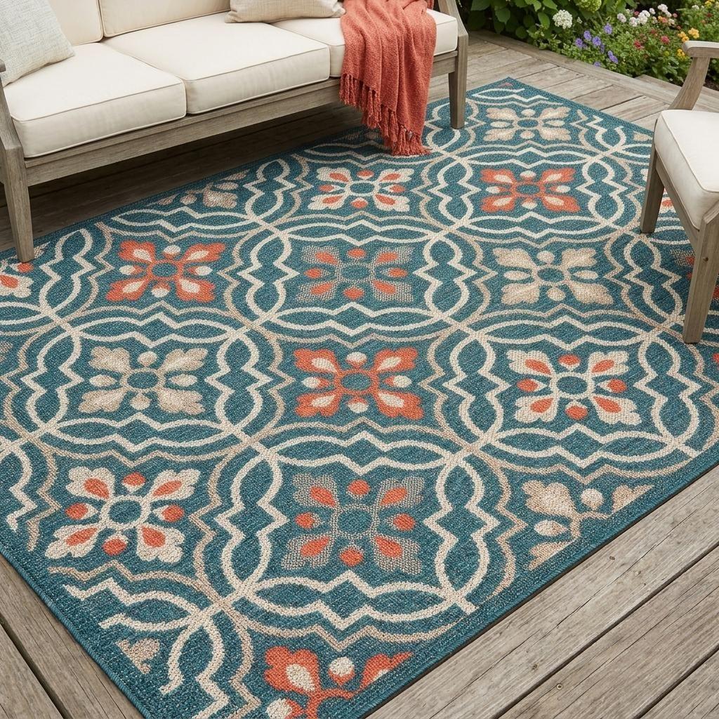 7' X 9' Blue and Orange Moroccan Indoor Outdoor Area Rug