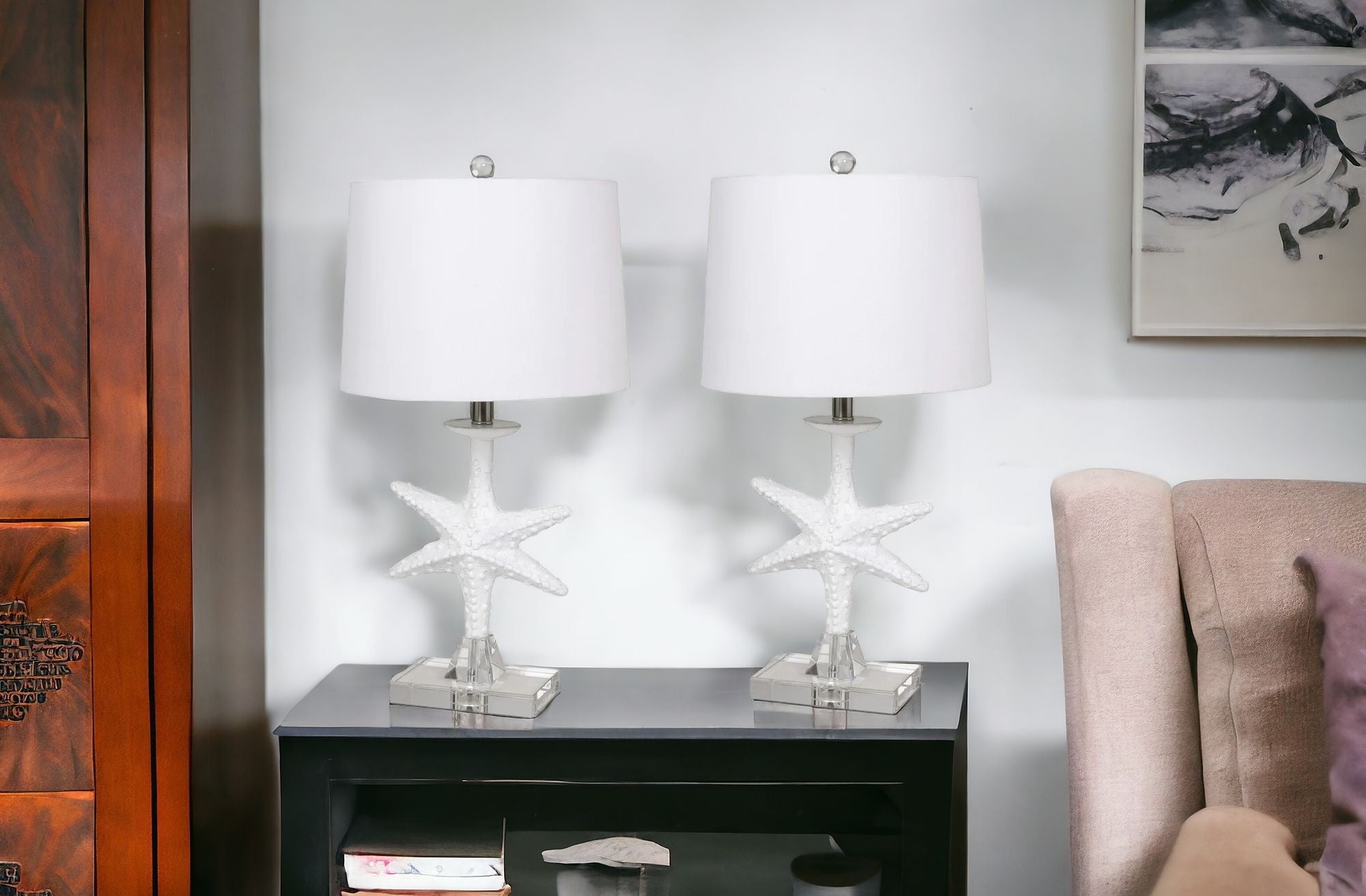 Set of Two 28" Clear and White Coastal Star Fish Table Lamps Coastal With White Drum Shades