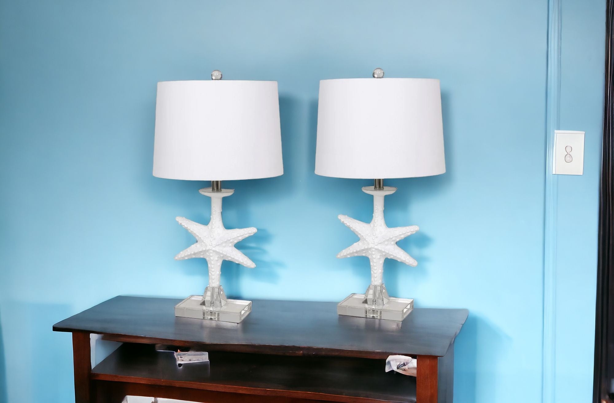 Set of Two 28" Clear and White Coastal Star Fish Table Lamps Coastal With White Drum Shades