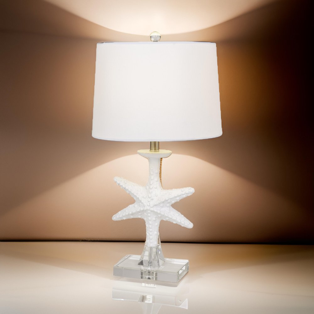 Set of Two 28" Clear and White Coastal Star Fish Table Lamps With White Drum Shades