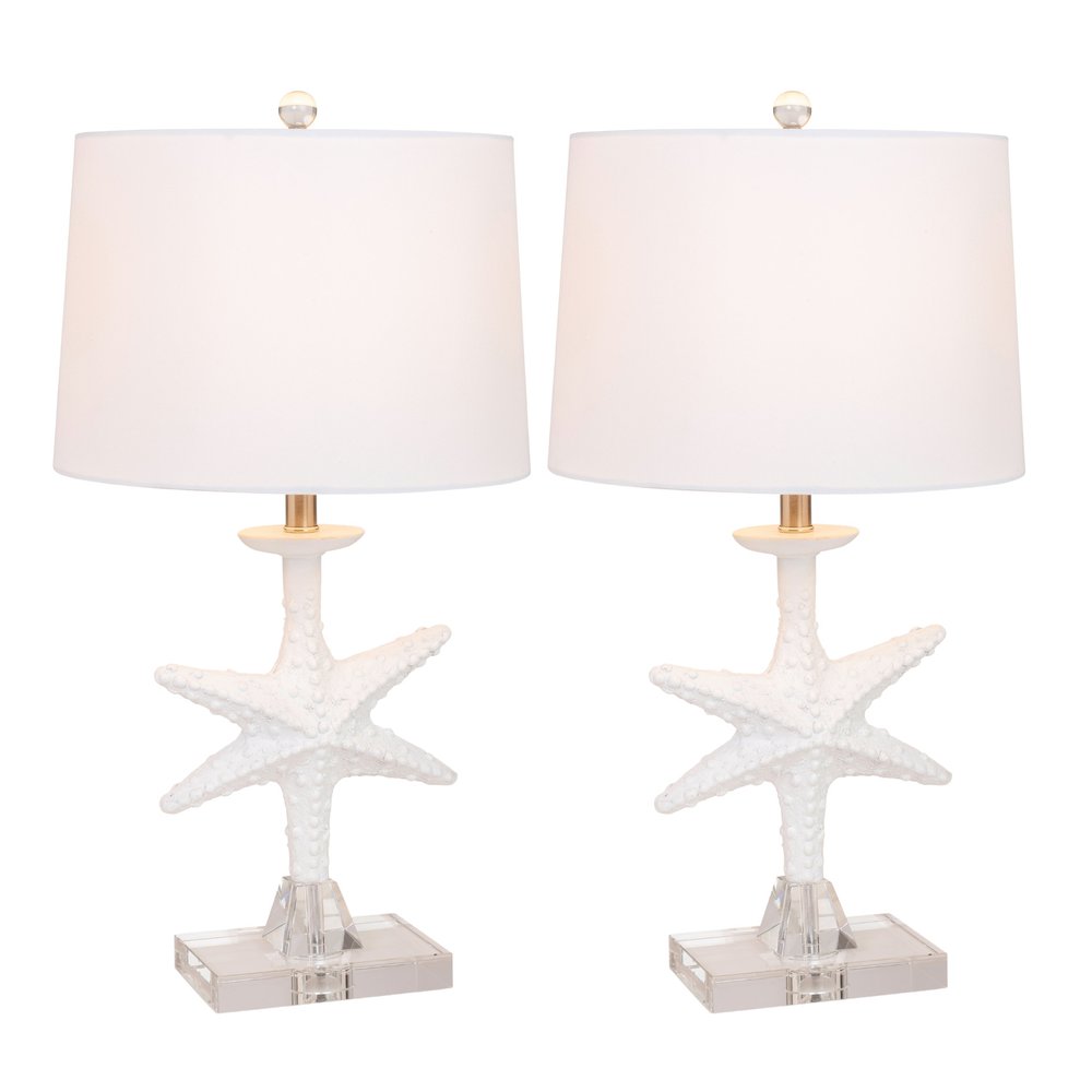 Set of Two 28" Clear and White Coastal Star Fish Table Lamps With White Drum Shades