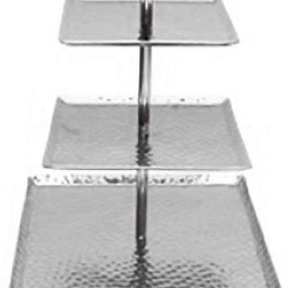 14" Silver Square Stainless Steel Hammered Three Tier Tray