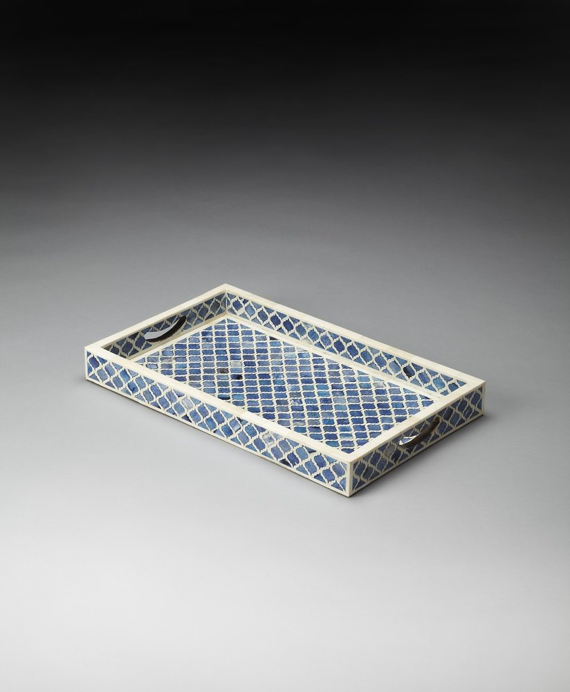 12" Blue Wood Geometric Serving Tray