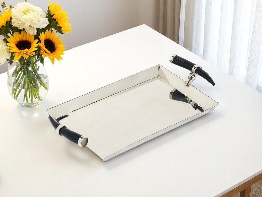 19" Silver Stainless Steel Serving Tray With Horn Handles