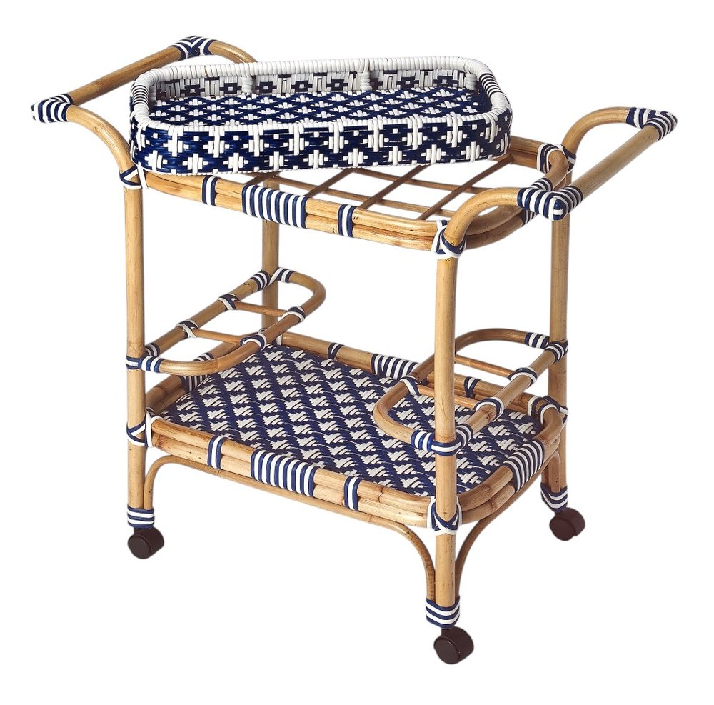 35" Navy Blue White And Natural Rolling Rattan Bar Cart