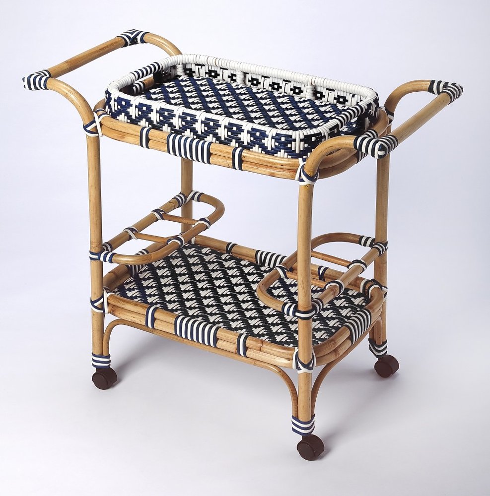 35" Navy Blue White And Natural Rolling Rattan Bar Cart