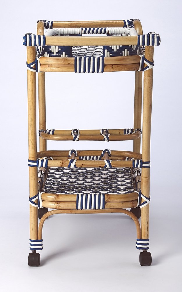 35" Navy Blue White And Natural Rolling Rattan Bar Cart