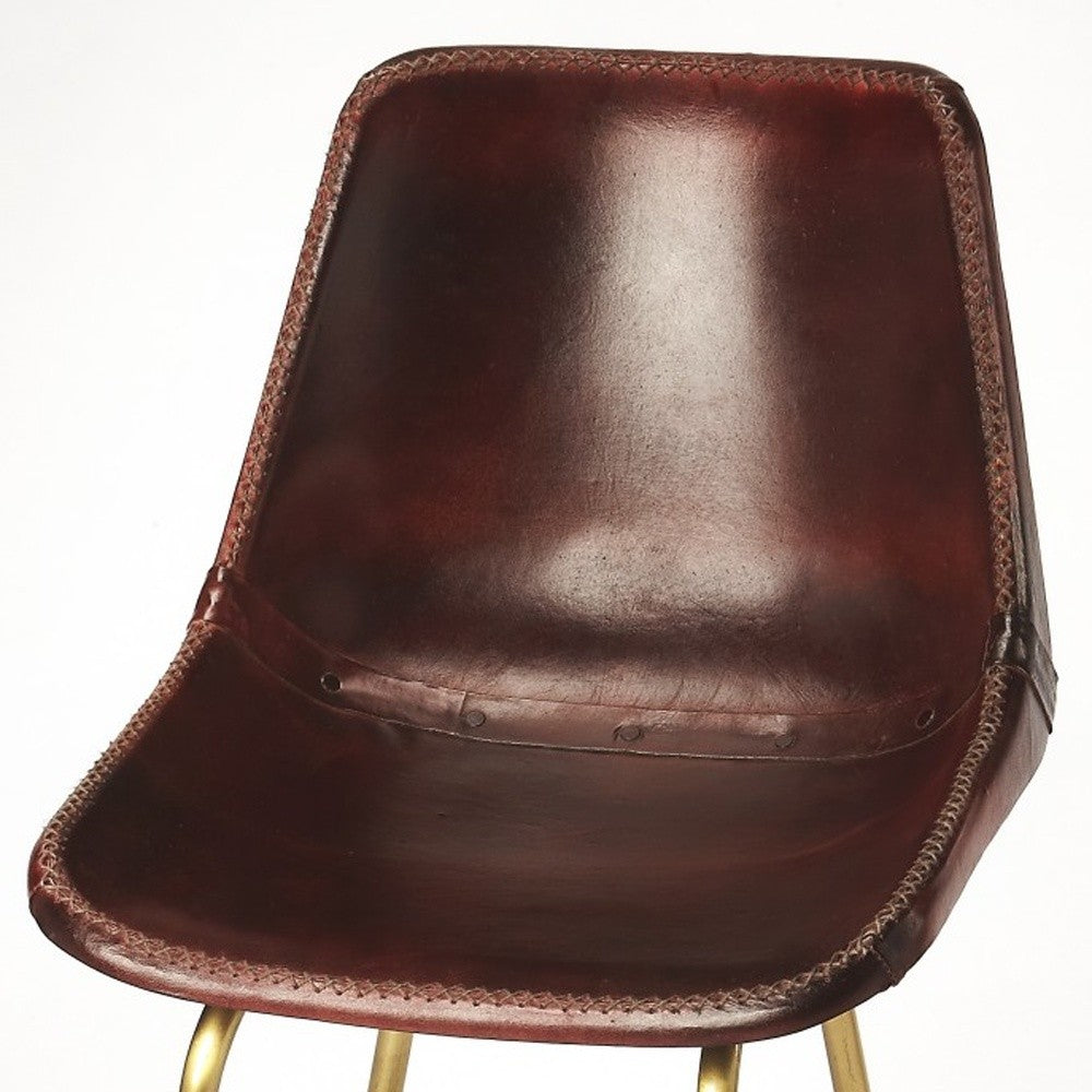 26" Brown and Gold Leather and Iron Bar Chair