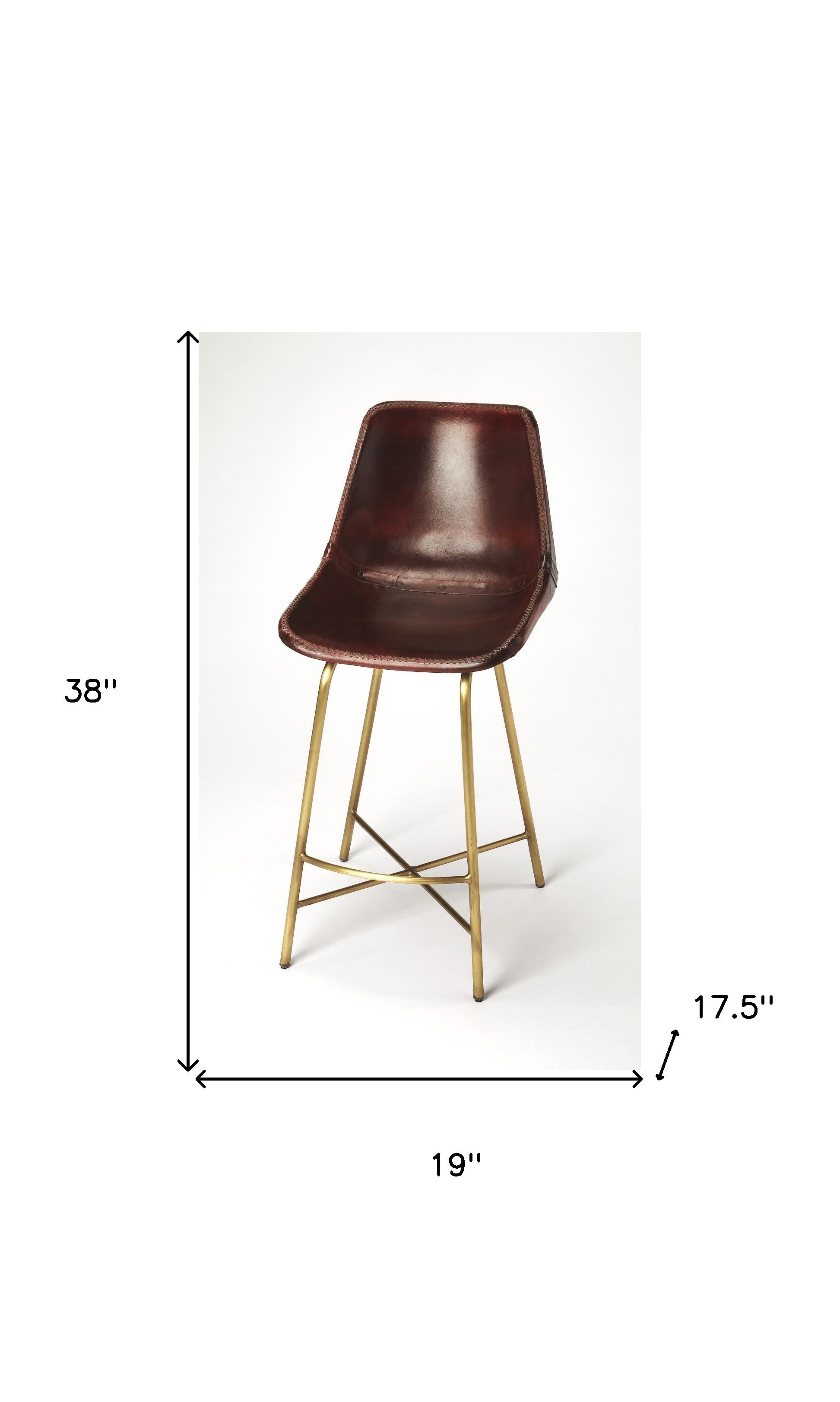 26" Brown and Gold Leather and Iron Bar Chair