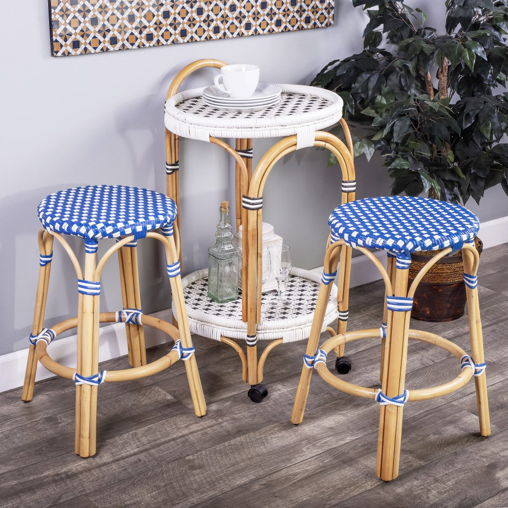 24" Blue and White and Wood Brown Heavy Duty Rattan Backless Counter Height Bar Chair