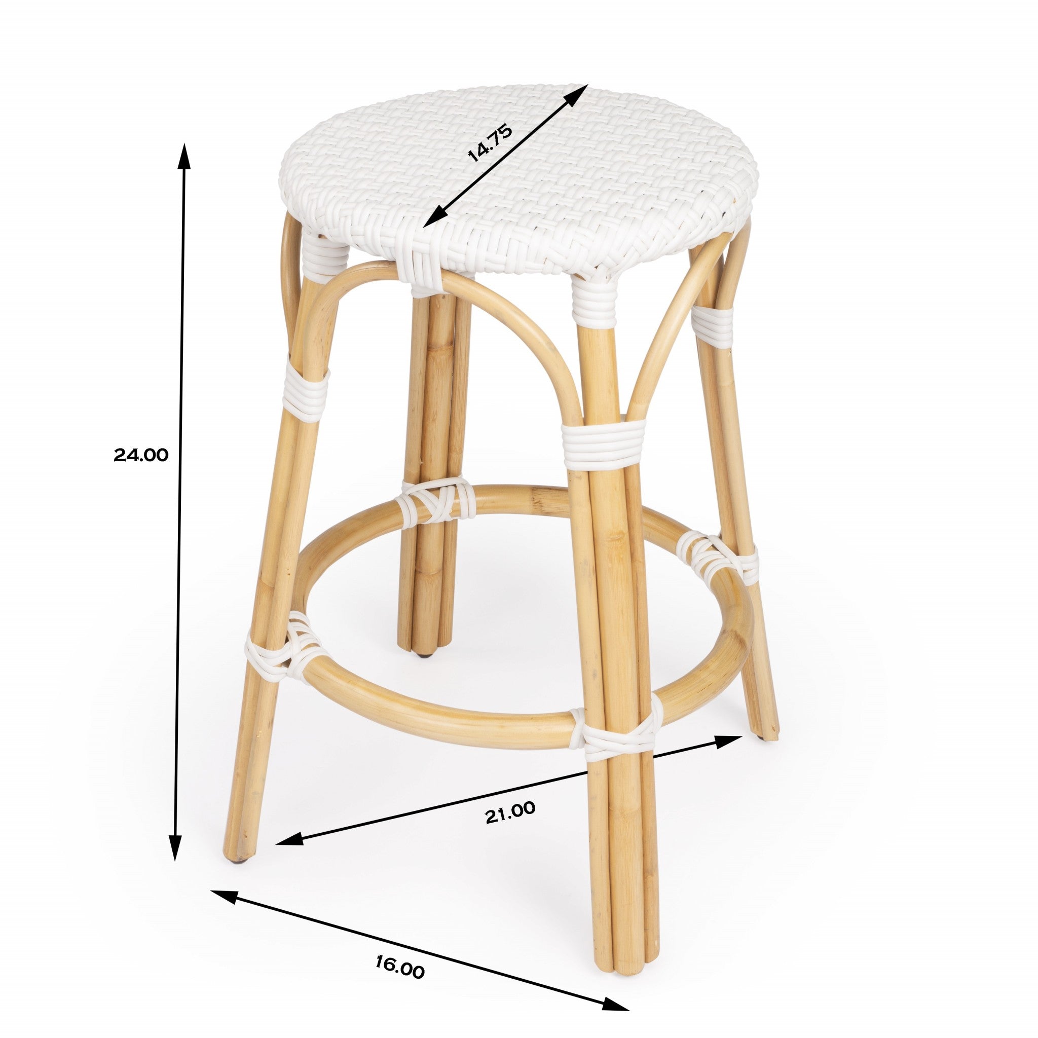 24" White And Natural Rattan Backless Counter Height Bar Chair