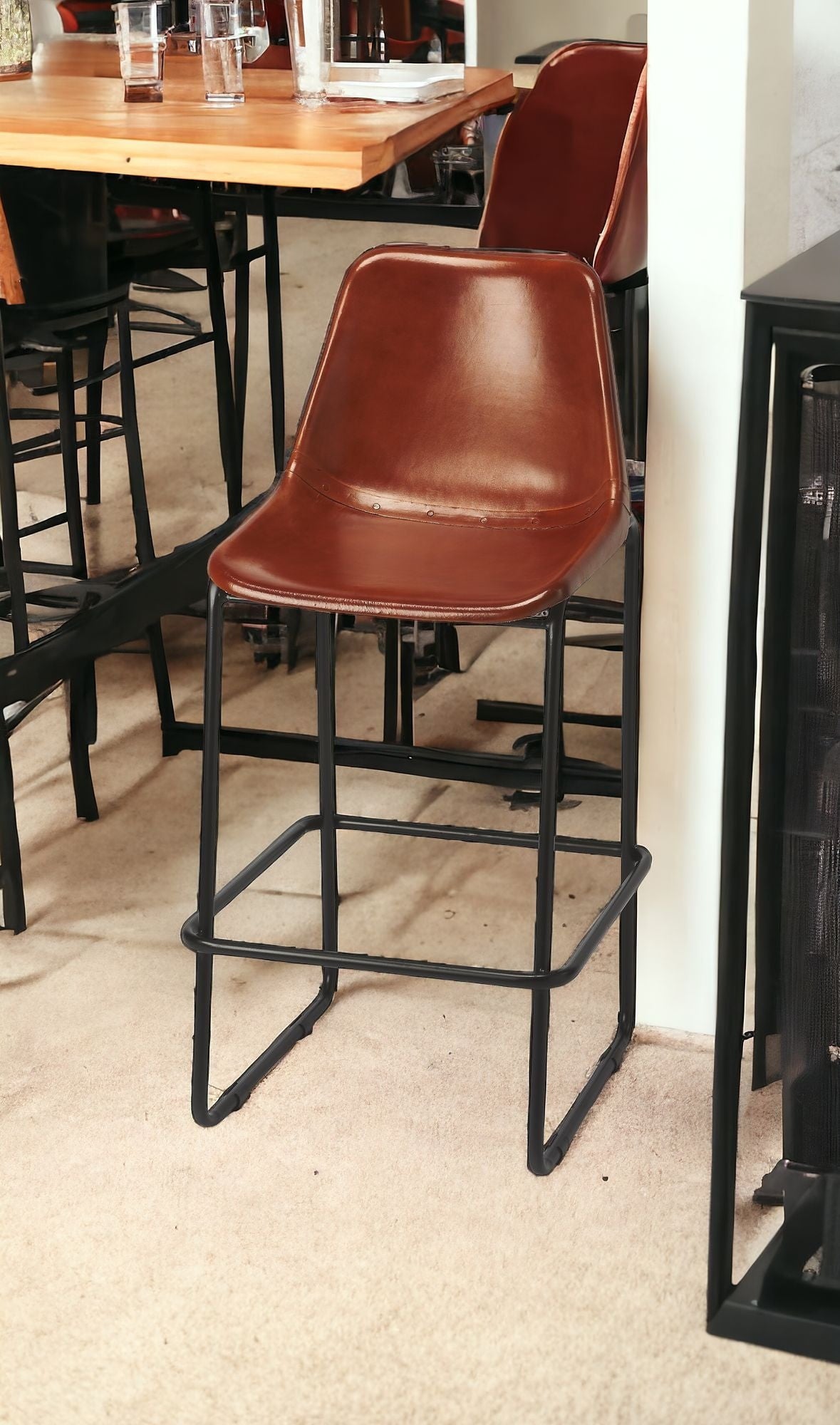 28" Brown and Black Manufactured Wood and Iron Bar Chair