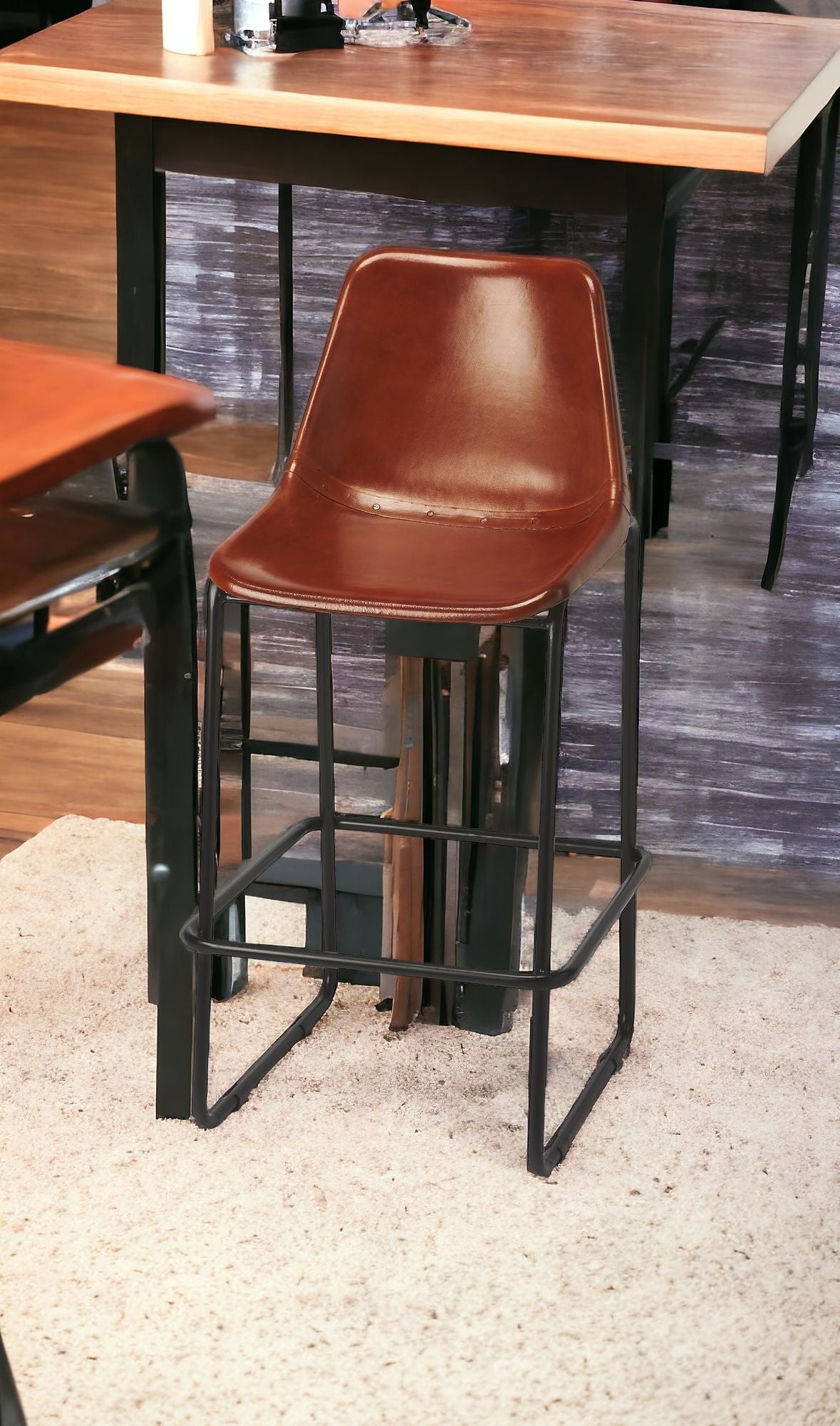 28" Brown and Black Manufactured Wood and Iron Bar Chair