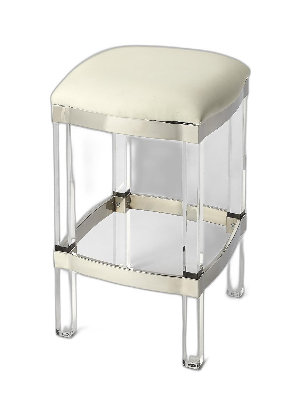 24" White and Clear Stainless Steel and Acrylic Backless Counter Height Bar Chair