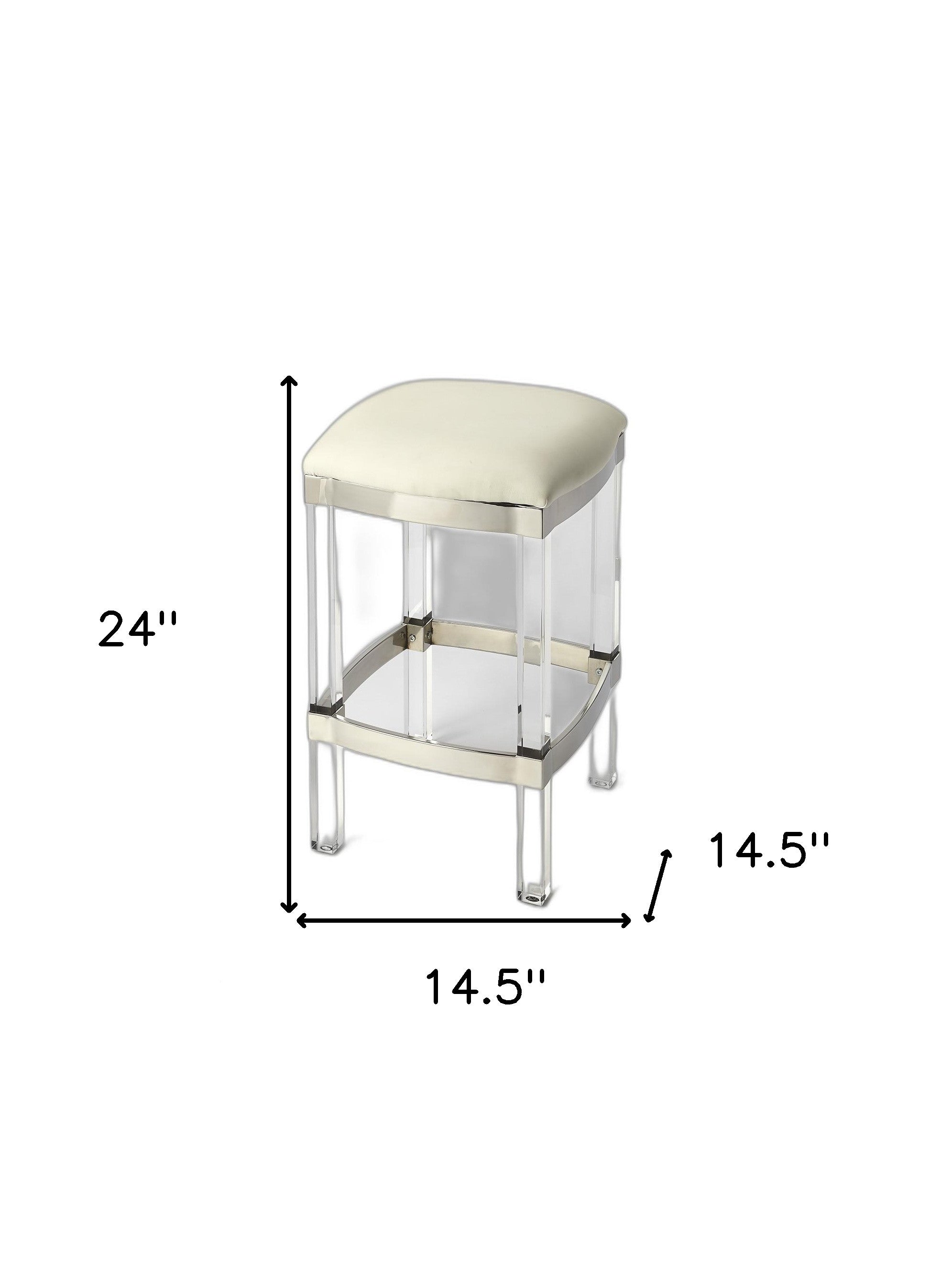 24" White and Clear Stainless Steel and Acrylic Backless Counter Height Bar Chair