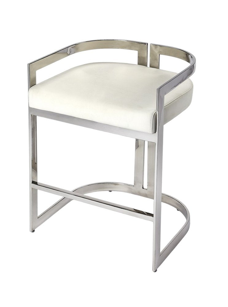28" White and Silver Stainless Steel and Iron Low Back Counter Height Bar Chair