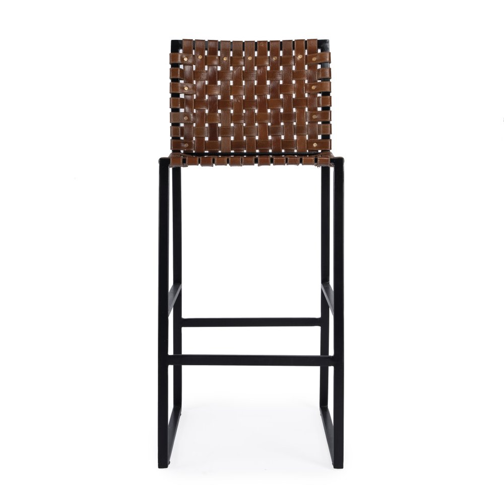 28" Brown and Black Leather and Iron Bar Chair