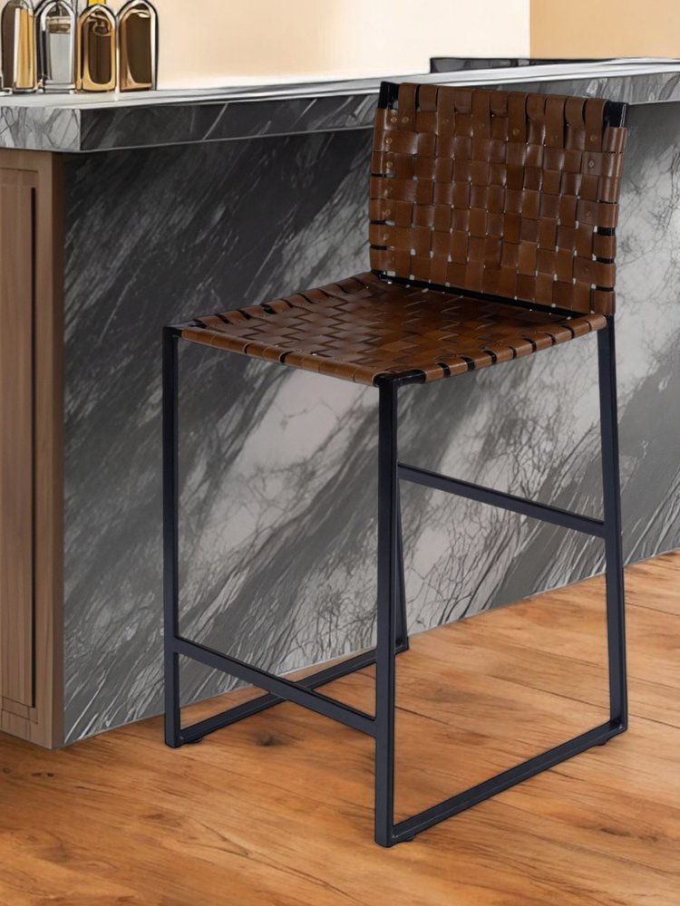 36" Brown and Black Leather and Iron Bar Chair