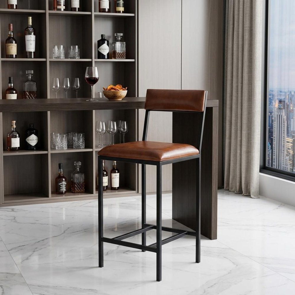 27" Brown and Black Manufactured Wood and Iron Bar Chair