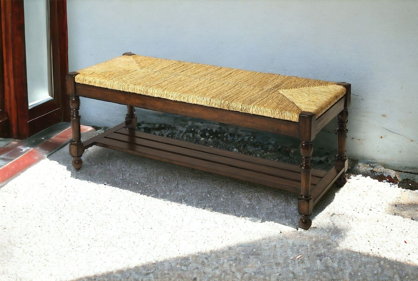 48" Natural and Brown Distressed Wicker Bench