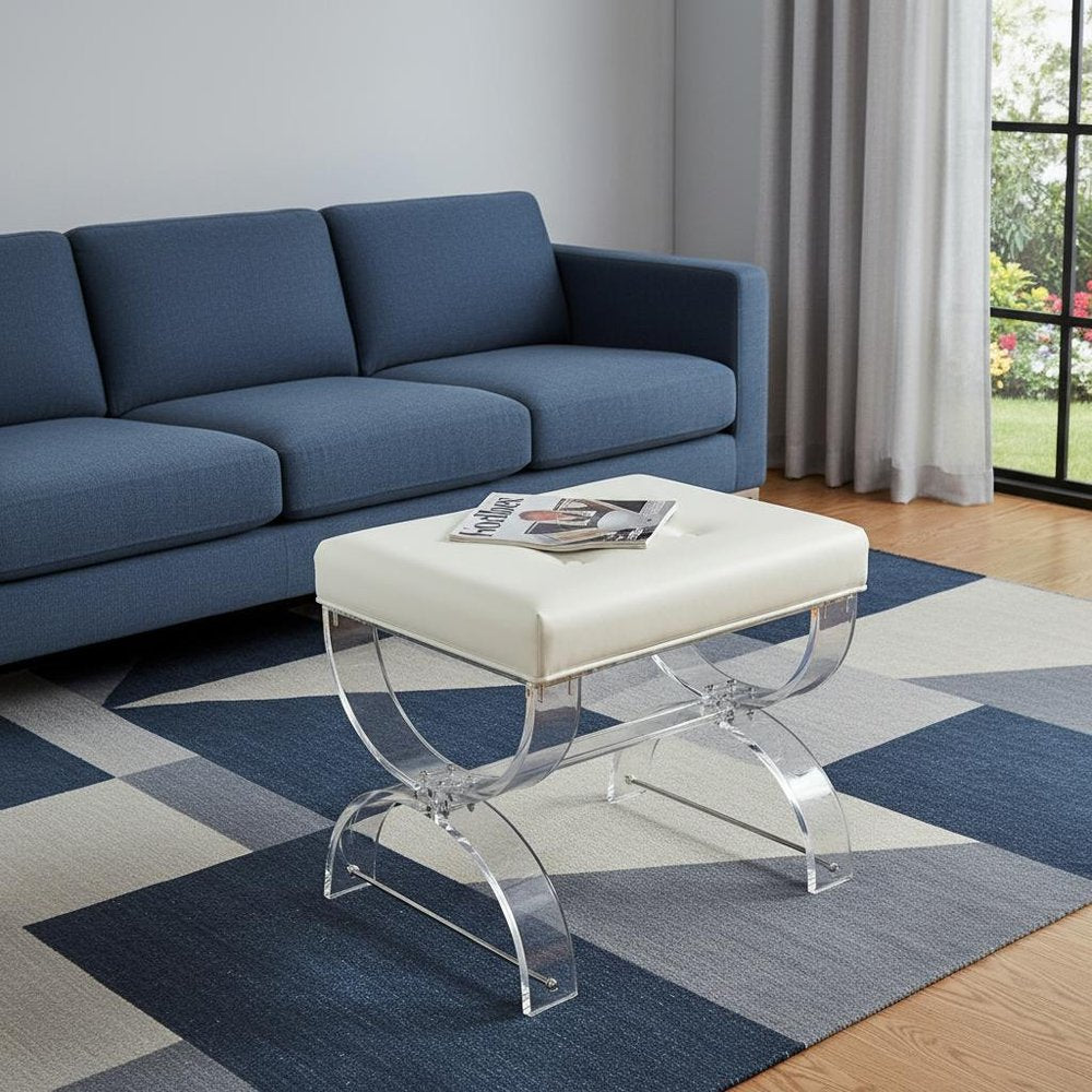 21" White and Clear Faux Leather Tufted Ottoman