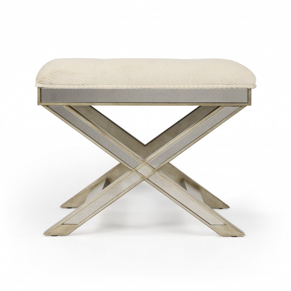 26" Ivory Cotton and Brown Tufted Ottoman