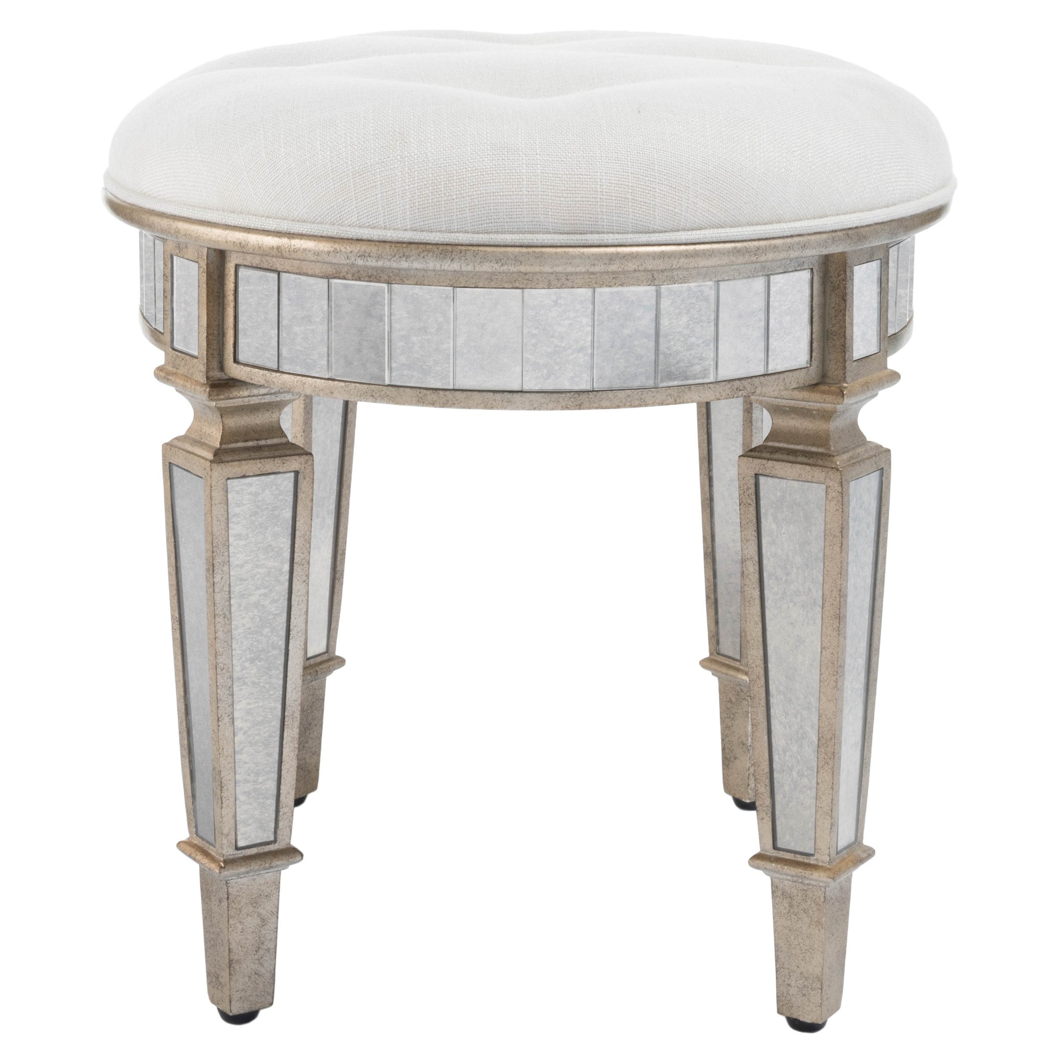 24" Cream Linen And Silver Metallic Round Ottoman