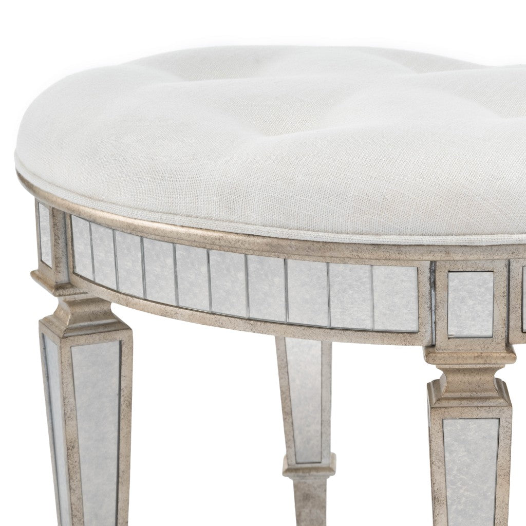 24" Cream Linen And Silver Metallic Round Ottoman