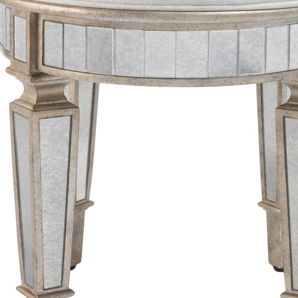 24" Cream Linen And Silver Metallic Round Ottoman