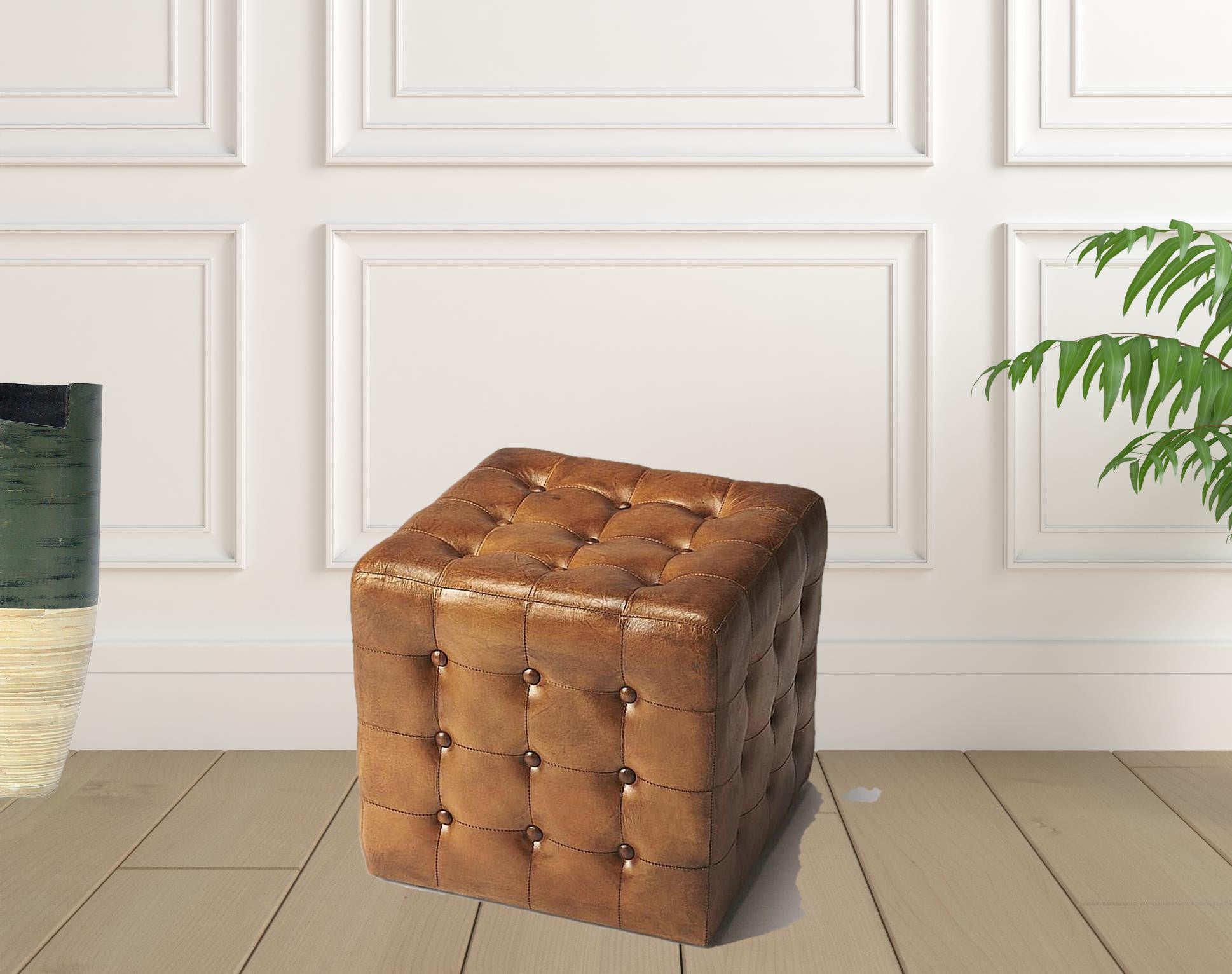 16" Brown Faux Leather Cube Ottoman