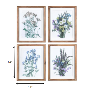 Set Of Four Floral Print Wooden Frame Wall Art