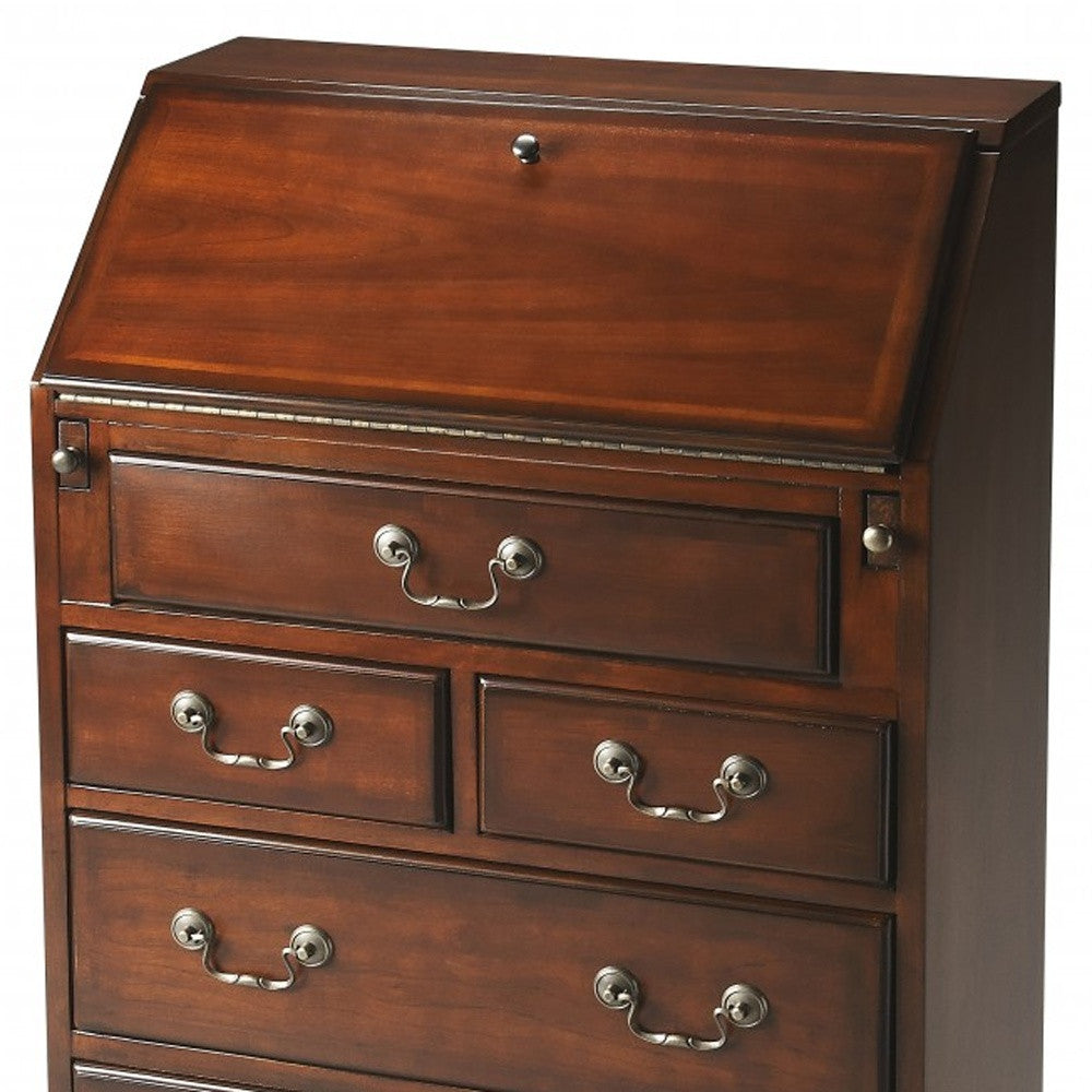 26" Brown Rubberwood Wood Secretary Desk With Five Drawers