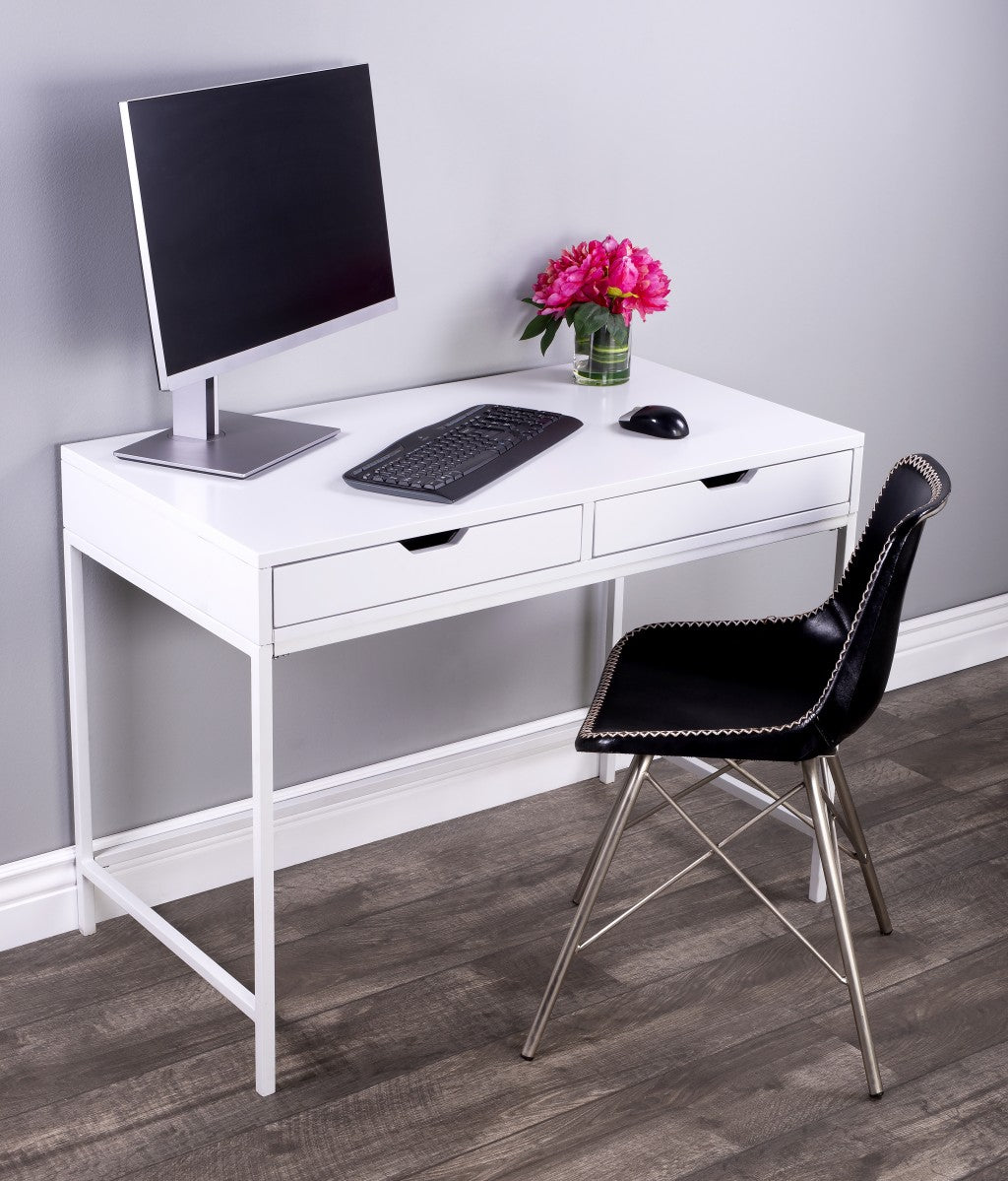 40" White Rubberwood Wood Writing Desk With Two Drawers