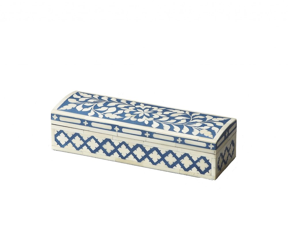 12" Blue And White Bone Inlay Box With Lid