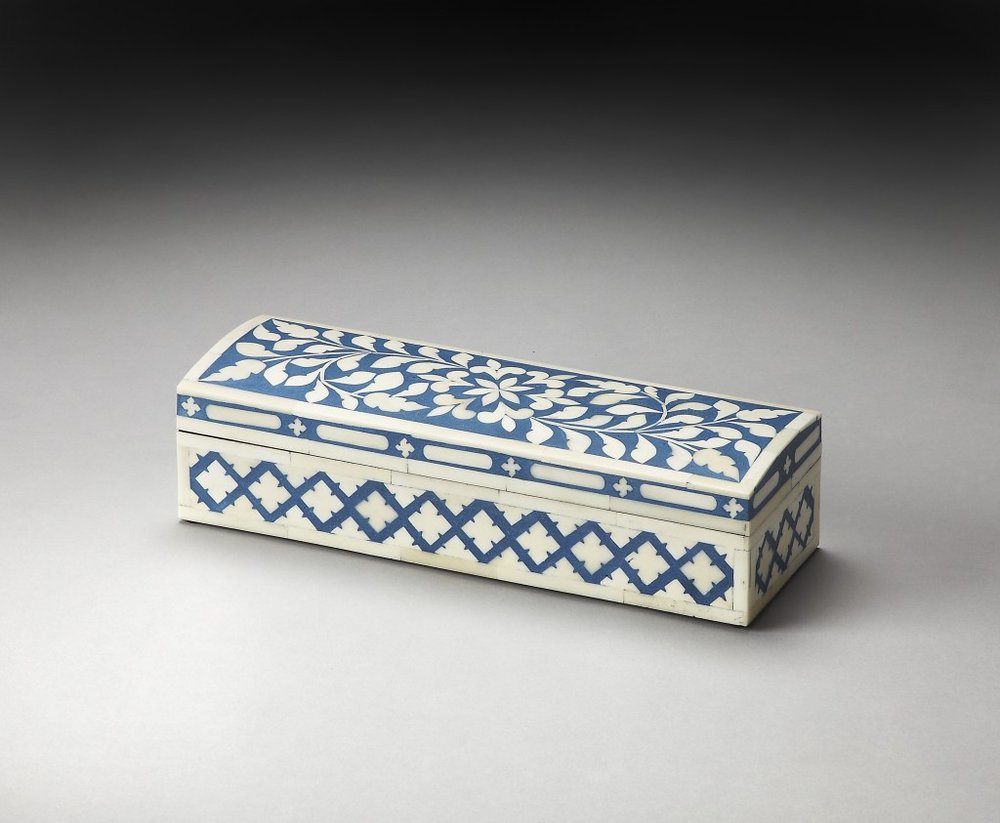 12" Blue And White Bone Inlay Box With Lid