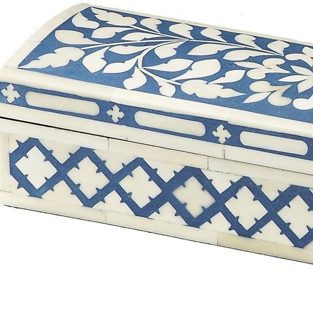 12" Blue And White Bone Inlay Box With Lid