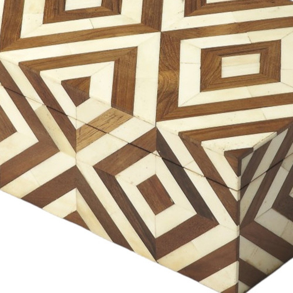 12" Brown And Ivory Bone Inlay And Solid Wood Box With Lid