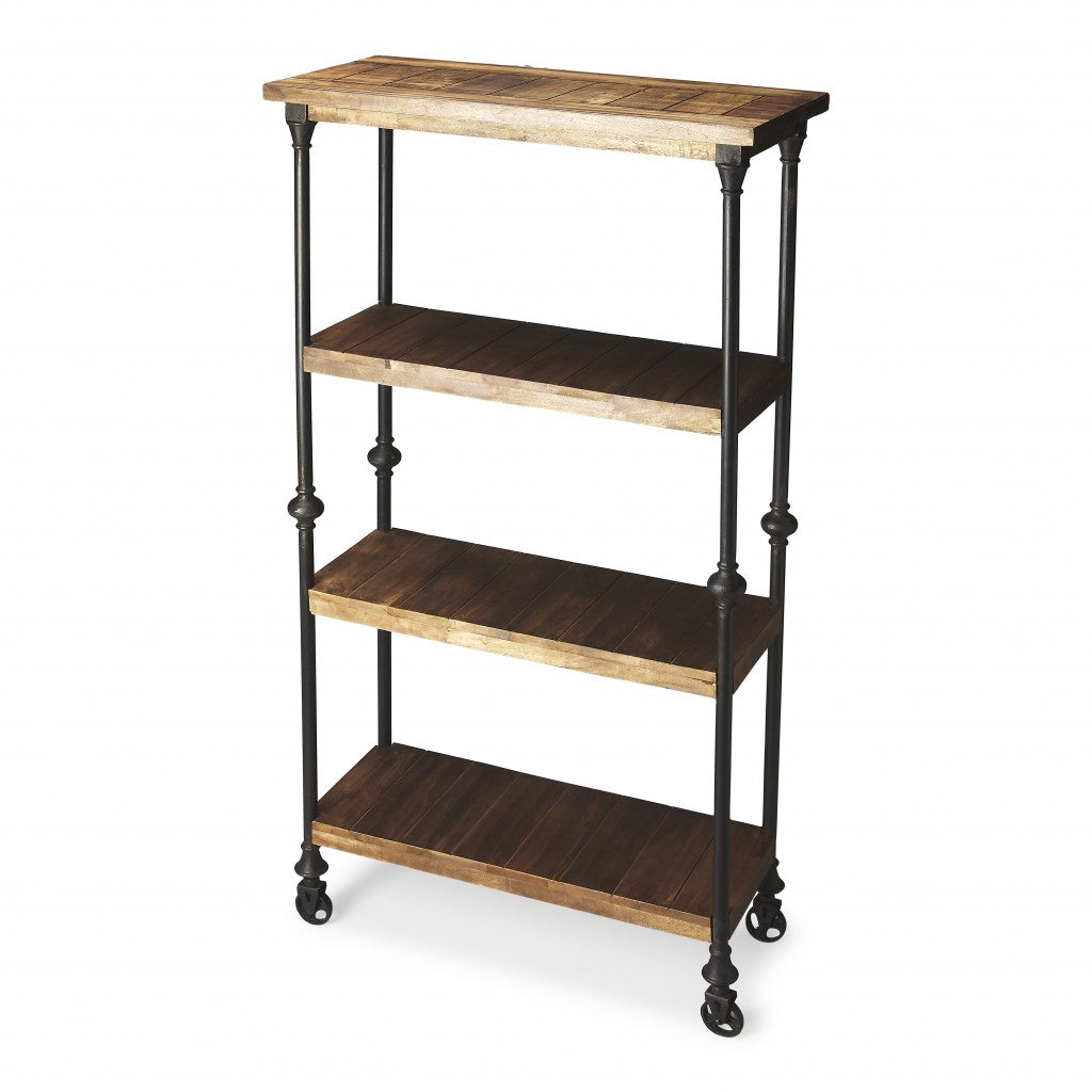 62" Wood Brown Iron Three Tier Standard Bookcase