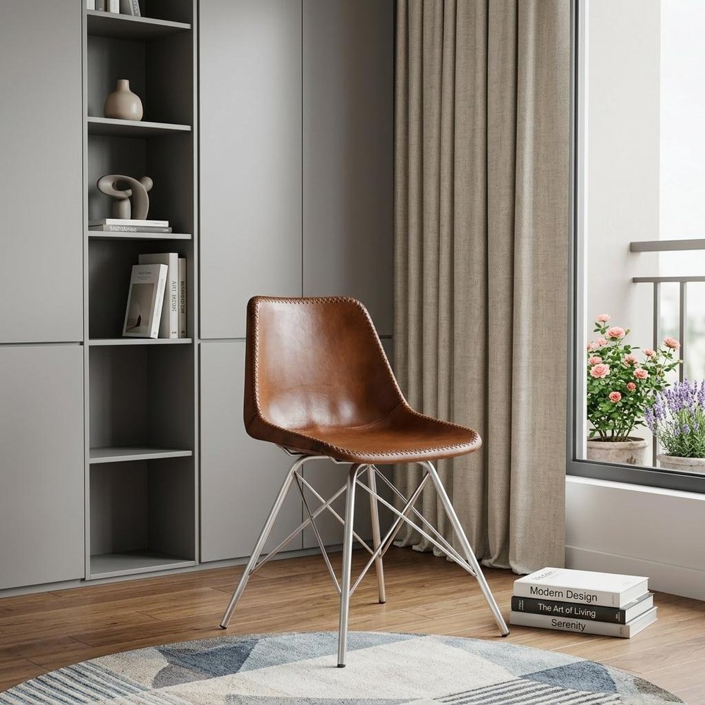 19" Brown and Silver Faux Leather Side Chair