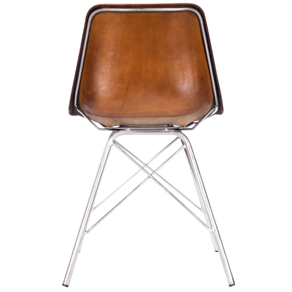 19" Brown And Silver Faux Leather Side Chair