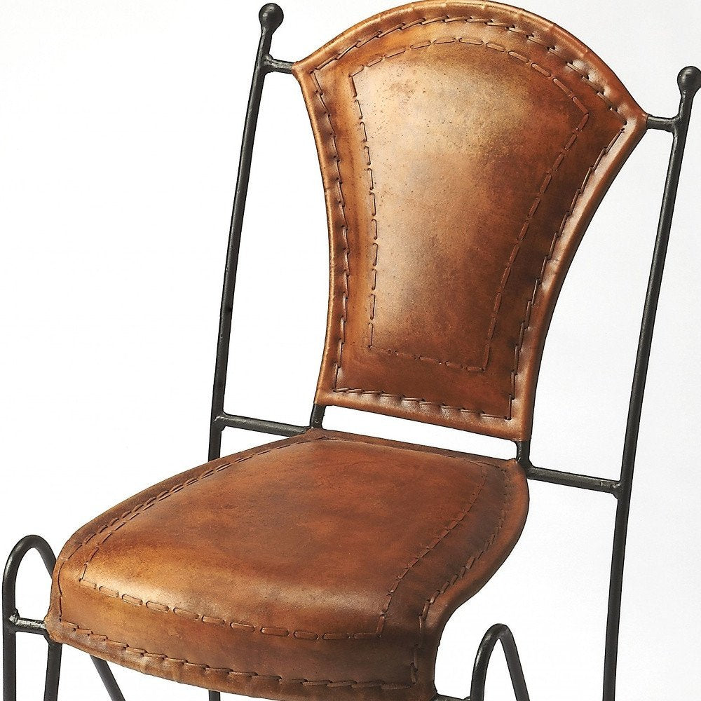 18" Brown and Black Genuine Leather and Iron Side Chair