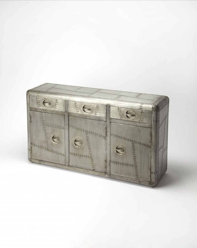 55" Silver Steel Console Accent Cabinet With Three Drawers