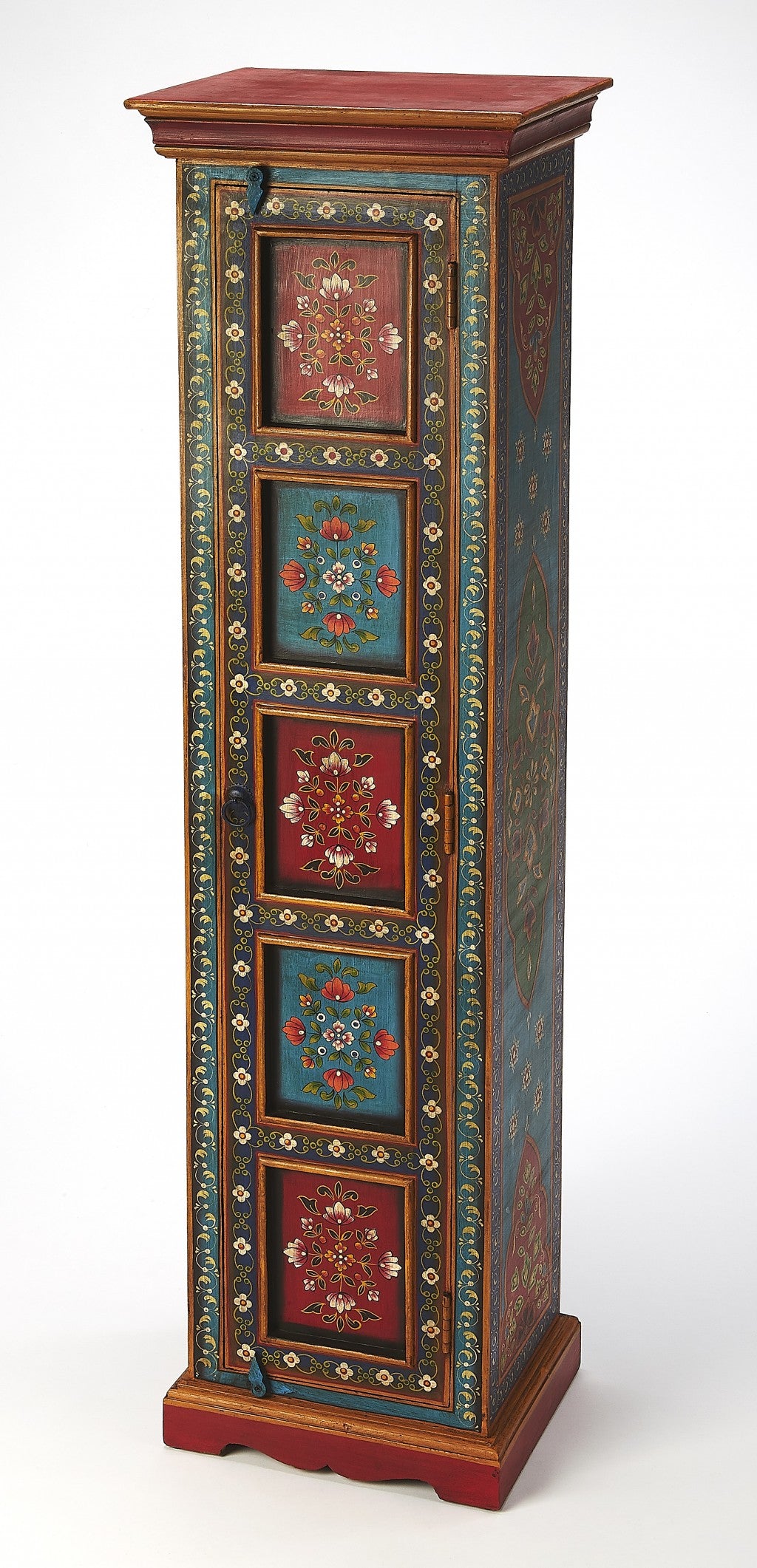60" Red Blue and Gold Hand Painted Accent Cabinet