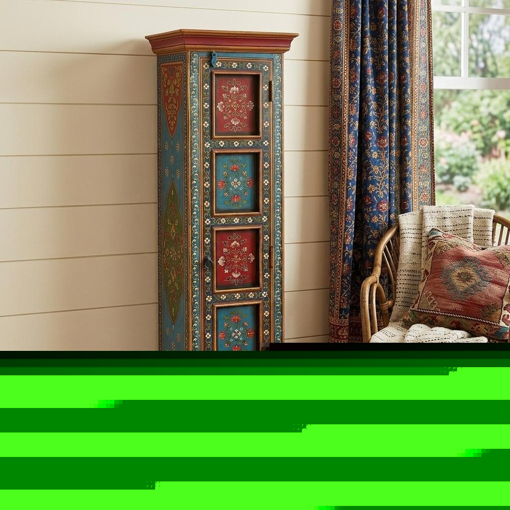 60" Red Blue and Gold Hand Painted Accent Cabinet