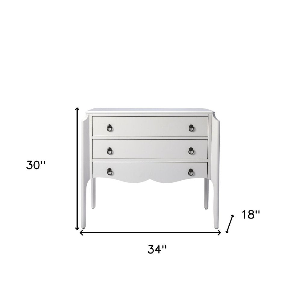 34" White Wood Three Drawer Dresser