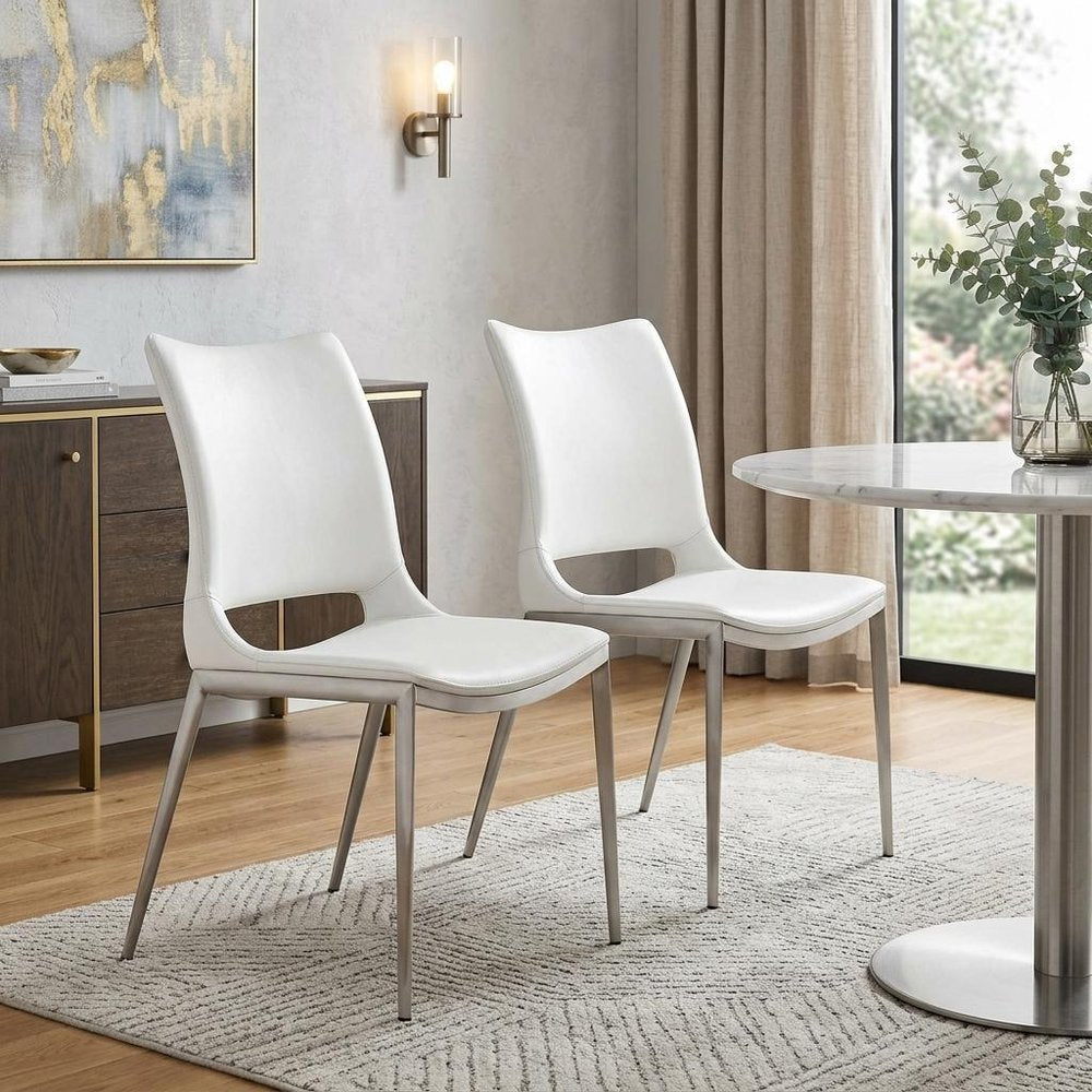 Set of Two White And Silver Upholstered Faux Leather Dining Side Chairs