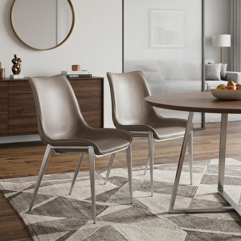 Set of Two Gray And Silver Upholstered Faux Leather Dining Side Chairs