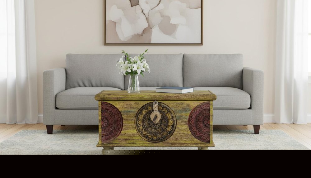 33" Brown and Green Wood Distressed Coffee Table